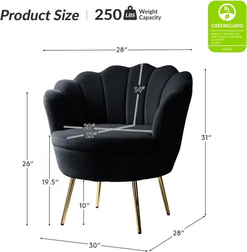 Miniatura 2 de HULALA HOME Silla decorativa moderna de terciopelo con respaldo en forma de concha, bonito sillón para sala de estar, dormitorio con patas doradas