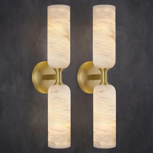 Miniatura 12 de Apliques de pared de alabastro español natural de 12 pulgadas, modernas luces doradas de latón para espejo de baño, lámpara de pared E12 con Latón