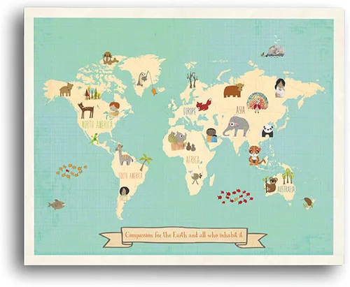 Mapa mundial de la compasión mundial de 16 x 20 pulgadas, mapa de arte de pared para niños, mapa del mundo de animales para niños, decoración de