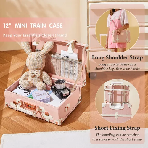 Miniatura 5 de Unitravel Juego de equipaje vintage de 3 piezas para mujer con cerradura TSA, Rosa en relieve.