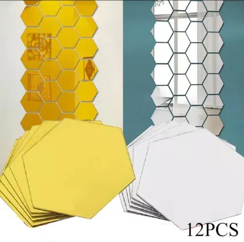 Miniatura 5 de 24 calcomanías de pared hexagonales de espejo de 1.811 in x 1.575 in, autoadhesivas y extraíbles, espejo acrílico, decoración de pared, para sala