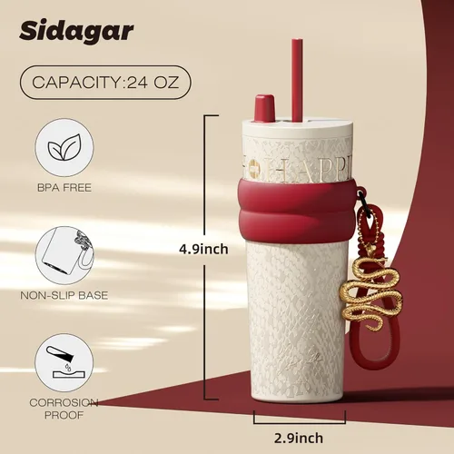 Miniatura 2 de Vaso de 24 onzas con tapa y popote, taza de café aislada a prueba de fugas, botella de agua portátil de viaje helada, taza de café térmica Blanco