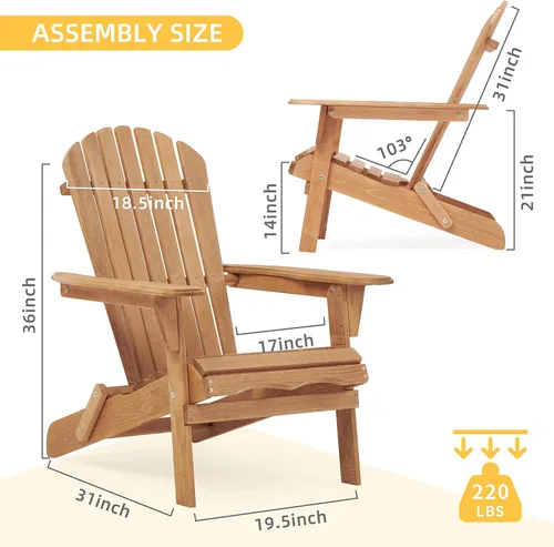 Miniatura 2 de Juego de 2 sillas Adirondack plegables para exteriores, sillas de patio de madera maciza con respaldo premontado, sillas de salón resistentes a