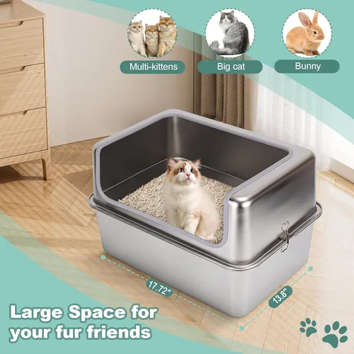 Miniatura 5 de Cajas de arena de acero inoxidable para gatos con tapa de metal, bandeja grande de arena para gatos con recinto de pared alta - Libre de olores