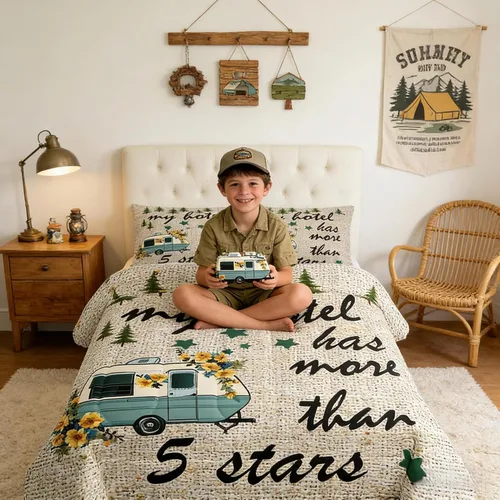 Miniatura 18 de Juego de Edredón para Acampar Feliz para Niños Tamaño Individual, Juego de Ropa de Cama Rústica de Aventura de Granja y Cabaña, Decoración