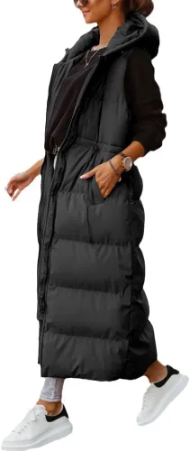 Miniatura 3 de Tankaneo Chaleco largo acolchado para mujer, ropa de abrigo con capucha y sin mangas, chaleco acolchado de algodón con cremallera completa