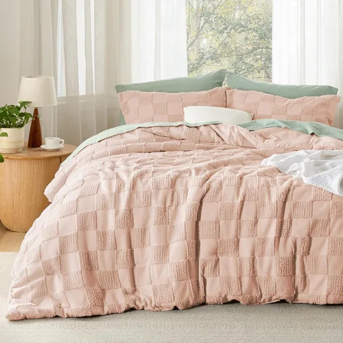 Miniatura 16 de Bedsure Juego de Edredón Tamaño Queen Beige, Juego de Cama Boho con Mechones, Ropa de Cama a Cuadros Estilo Granja Shabby Chic, 3 Piezas, 1 Edredón