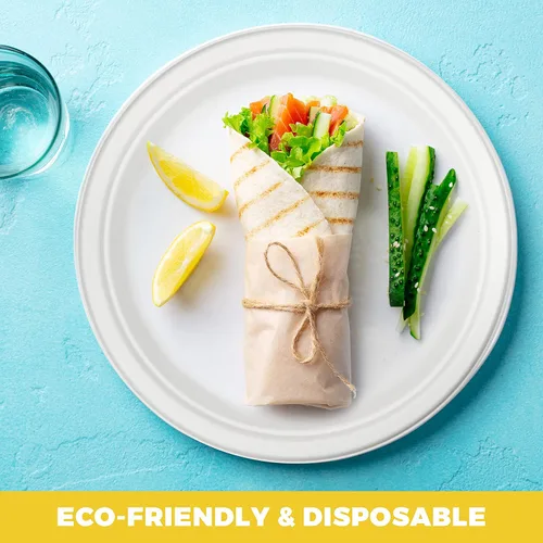 Miniatura 2 de NYHI Paquete de 125 platos desechables de papel compostables de 10 pulgadas a granel para adultos y niños, platos de caña de azúcar blanca