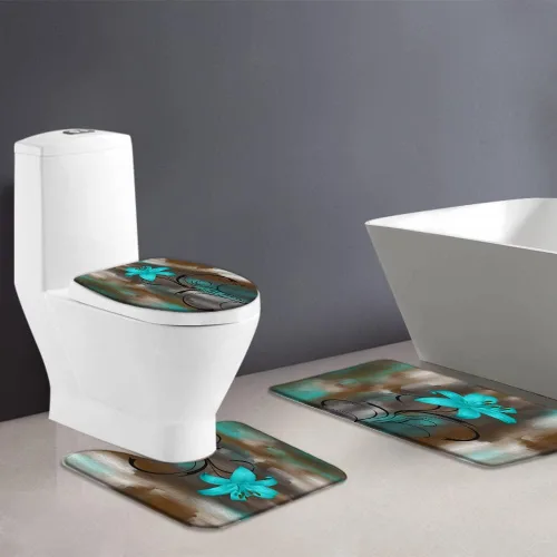 Miniatura 2 de Sunhe Juego de 3 tapetes de baño con diseño de flores color verde azulado, arte abstracto, azul, turquesa, lirio, floral, moderno, creativo