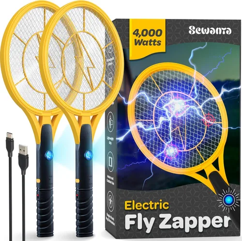 Matamoscas Eléctrico [Juego de 2] Raqueta Matamoscas de Mano para Interiores/Exteriores - Matamoscas de 4000 Voltios - Matamoscas Instantáneo de
