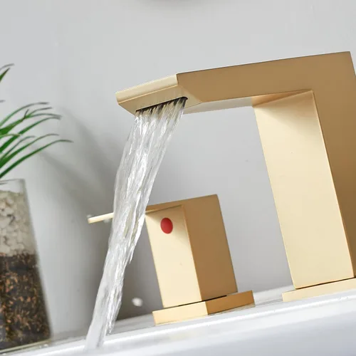 Miniatura 9 de Grifo de lavabo de baño de oro cepillado, grifo de baño de cascada de 3 agujeros, grifos de baño de tocador de 2 asas, grifo de baño moderno