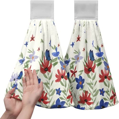Miniatura 18 de Juego de 2 toallas de cocina colgantes de hojas tropicales de verano, color verde, hojas de palmera, con bucles para colgar, suaves y absorbentes