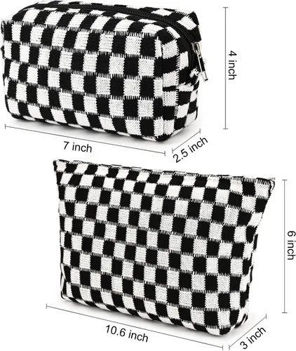 Miniatura 3 de SOIDRAM Bolsa de maquillaje negra de 2 piezas, bolsa grande de cosméticos a cuadros, capacidad de mezcla de lona, bolsa de aseo de viaje