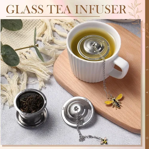 Miniatura 5 de FoldTier 3 juegos de infusores de té sueltos, coladores de hojas de acero inoxidable con bandejas de goteo y colgante de abeja de miel, malla fina