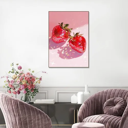 Miniatura 3 de RYMILIE Kits de pintura artística de diamante rosa para adultos, pintura de puntos de diamante de fresa para principiantes, pintura redonda 5D