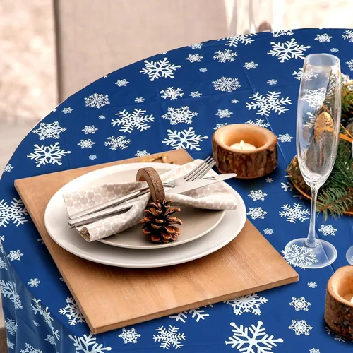 Miniatura 5 de Sliner 3 Piezas Mantel de Navidad de Invierno con Copos de Nieve Mantel de Invierno Redondo de Plástico para Fiesta 83.9 Pulgadas Mantel de Navidad