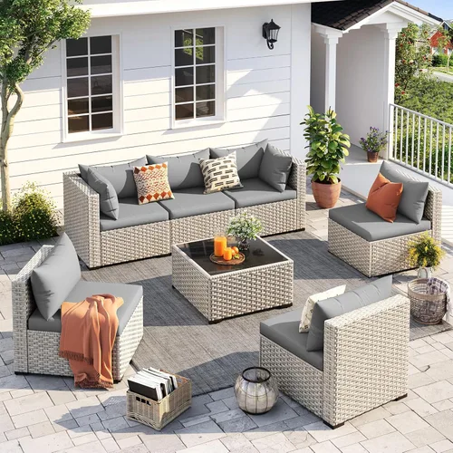 Miniatura 17 de UDPATIO Juego de muebles de patio al aire libre, sofá modular de 7 piezas con mesa de té, juego de conversación al aire libre de mimbre PE para Azul