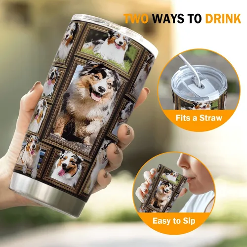 Miniatura 3 de Vaso de perro pastor australiano con tapa, a prueba de derrames, taza de viaje para café helado, botella de agua aislada de acero inoxidable de 20