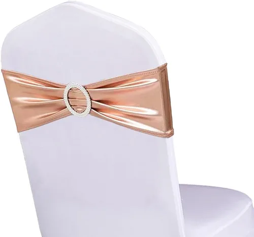 Miniatura 18 de Paquete de 50 bandas elásticas para sillas de bebé azul para boda, bandas elásticas de licra con hebilla deslizante, arcos de sillas de spandex