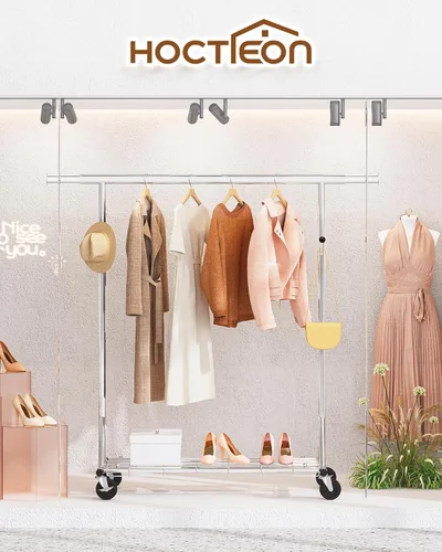 Miniatura 6 de Hoctieon Perchero de montaje de 1 minuto, 480 libras, percheros de ropa rodantes resistentes con ruedas, perchero plegable para ropa, barra Plata