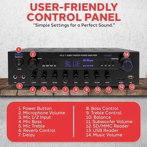 Miniatura 2 de Pyle Receptor Amplificador Estéreo de 400W - Amplificador de Audio BT para el Hogar con Lectores USB/SD, Radio FM, Aux de 3.5mm, Fono, Entradas