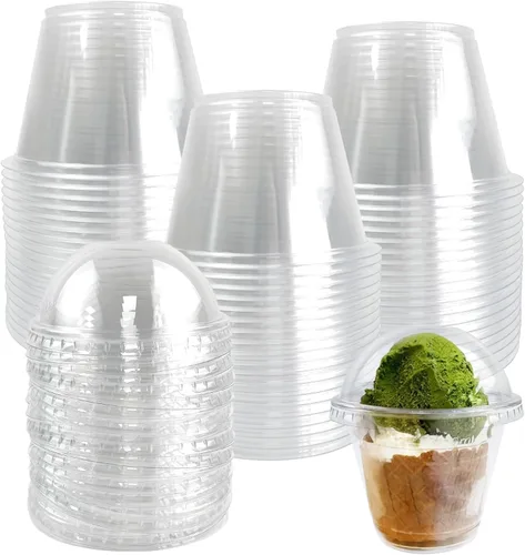 Miniatura 11 de Paquete de 100 vasos de plástico desechables apilables transparentes de 10 onzas con tapas planas, tazas de helado PET de 10.1 fl oz con tapas