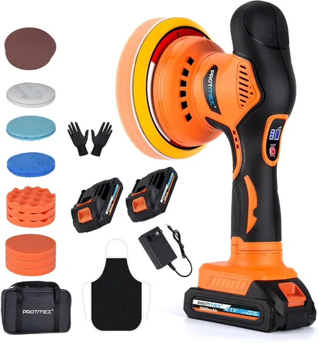 Pulidora inalámbrica de automóvil con 2 baterías de 2000 mAh, 21 V, kit de pulidora y enceradora de 6 pulgadas, con 18 accesorios adicionales y 6