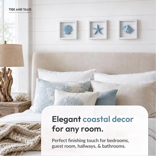 Miniatura 8 de TideAndTales - Arte de pared 3D costero con diseño de conchas y estrellas de mar azules (juego de 3), decoración de pared de playa para baño