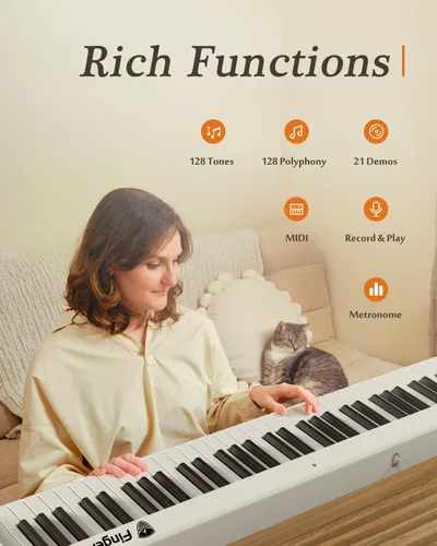 Miniatura 5 de Teclado de piano portátil, piano digital plegable semipesado de 88 teclas, tamaño completo, grano de madera, teclado de piano eléctrico con Blanco