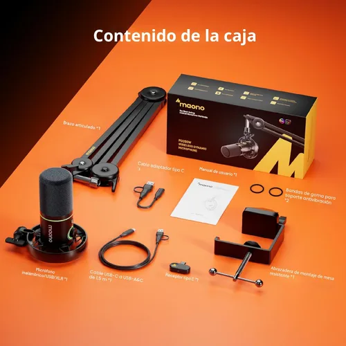 Miniatura 9 de MAONO PD200W Micrófono inalámbrico híbrido para podcast para PC, kit de micrófono dinámico XLR USB con brazo Boom, software, cancelación de ruido