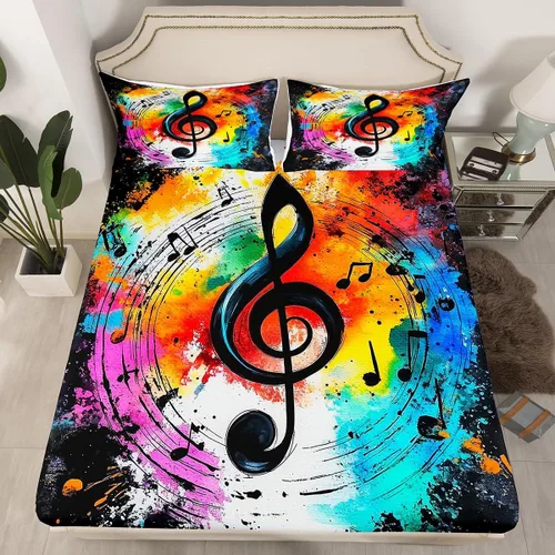 Miniatura 22 de Juego de sábana bajera ajustable para niños con diseño de guitarra eléctrica, estilo retro, diseño de notas musicales, decoración de habitación