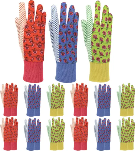 Guantes de jardinería para mujer, jersey de algodón suave, estampado floral, agarre de puntos de PVC, cómodos y duraderos, multicolor, verde, rojo,