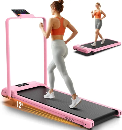 ANCHEER Cinta de correr con inclinación del 12%/15%, almohadilla plegable con barra de asa, capacidad de 320-450 libras debajo del escritorio, Rosa