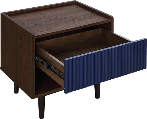 Miniatura 7 de Manhattan Comfort Duane Mesita de noche acanalada con cajón de extensión completa y estante abierto, patas de acero, mesita de noche, mesa de acento