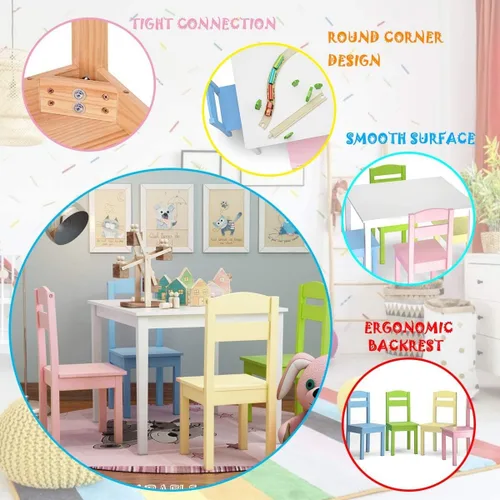 Miniatura 4 de LDAILY Moccha - Juego de sillas de mesa de madera para niños, mesa colorida y 4 sillas con respaldo, mesa de comedor para niños, juego de sillas