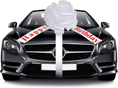 WILLBOND Lazo Grande de Feliz Cumpleaños para Automóvil Lazo Decorativo Grande para Envolver Regalos Lazo Gigante con Cinta para Tirar para Blanco