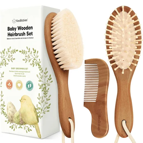 Miniatura 10 de Set de cepillo y peine para bebé recién nacido - Set de cepillo de pelo de madera para bebé con cerdas suaves de cabra, set de cepillo de bebé