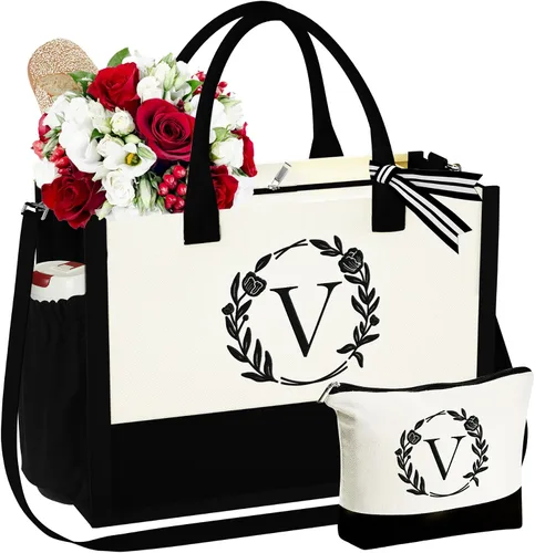 Miniatura 20 de YOOLIFE Bolsa de lona con inicial, bolsa de playa, bolsa de maquillaje con cremallera, regalos personalizados para madres, amigas, regalos