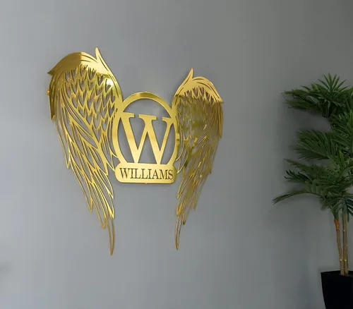 Arte de pared de metal con alas de ángel, letrero con nombre personalizado, decoración moderna del hogar para sala de estar, dormitorio, oficina,