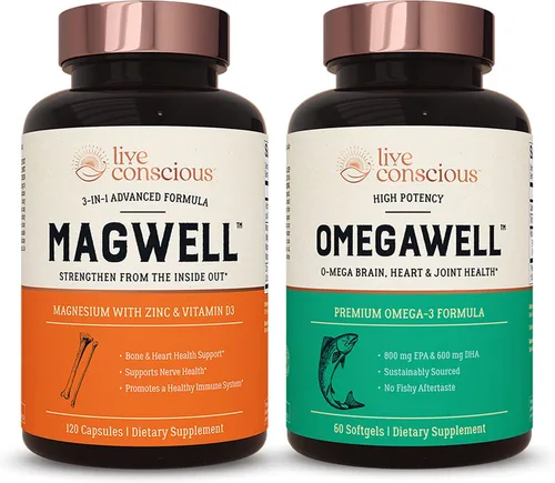 Live Conscious OmegaWell - Aceite de pescado y MagWell MagWell Magnesio Zinc y Vitamina D3 | Salud ósea y cardíaca, apoyo del sistema inmunológico +