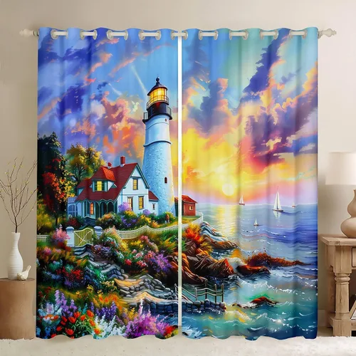 Miniatura 9 de Erosebridal Nautical Lighthouse Blackout Curtains 30-50% Navigation Theme Curtains for Women Men Watercolor Seascape Window Treatments Coastal Night