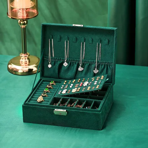 Miniatura 3 de JACIEYU Caja organizadora de joyas grande para mujer caja de almacenamiento de franela de terciopelo con cerradura de seguridad verde oscuro