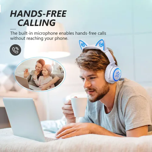 Miniatura 7 de Auriculares para niños, auriculares con orejas de gato con cable e inalámbricos, luces LED, auriculares Bluetooth inalámbricos plegables