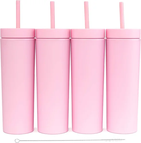 Miniatura 13 de STRATA CUPS Vasos delgados multicolor con tapas y popotes (paquete de 12) - Vaso acrílico de doble pared de 16 onzas, vasos delgados mate altos, a