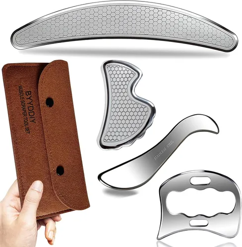 BYYDDIY 4 en 1 304 Juego de herramientas de raspador muscular Gua Sha de acero inoxidable, herramienta de tejido cicatricial, herramientas de