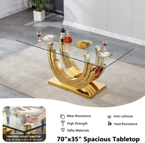 Miniatura 5 de Juego de mesa de comedor de cristal dorado moderno de 70 pulgadas para 4, juego de mesa de comedor rectangular de 5 piezas con tres patas de acero