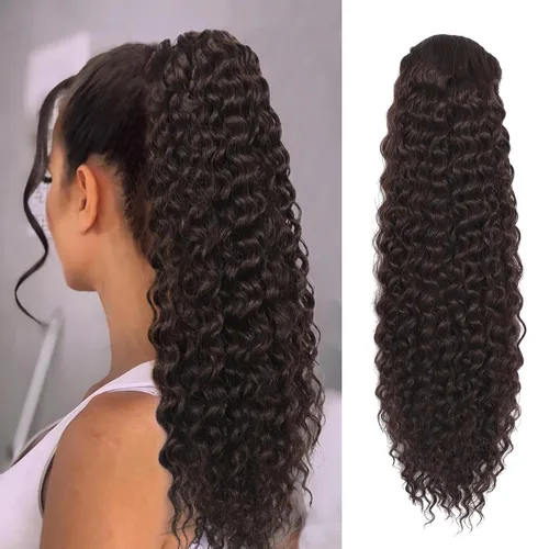 Miniatura 10 de Matriarchs Extensión de cola de caballo corta y rizada con cordón para mujer, pieza de cabello sintético largo afro rizado esponjoso para uso diario