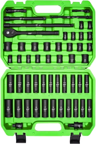 SUNHZMCKP Juego de llaves de impacto de 3/8" de accionamiento, 52 piezas SAE estándar (5/16-3/4 pulgadas) y métricas (8-22mm) de 6 puntos poco