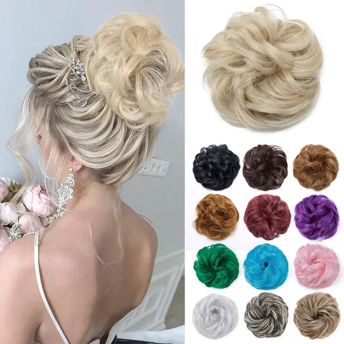 Miniatura 31 de Benehair Moño desordenado, pieza de pelo recogido para mujer, esponjoso, ondulado, moño con dona, moño sintético con banda elástica de goma