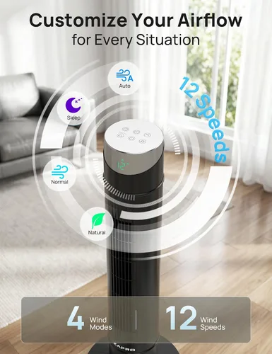 Miniatura 10 de ZAFRO Ventilador de torre inteligente para dormitorio, ventilador de torre oscilante de 120°, 28 pies/s de alta velocidad, 12 velocidades, 4 modos